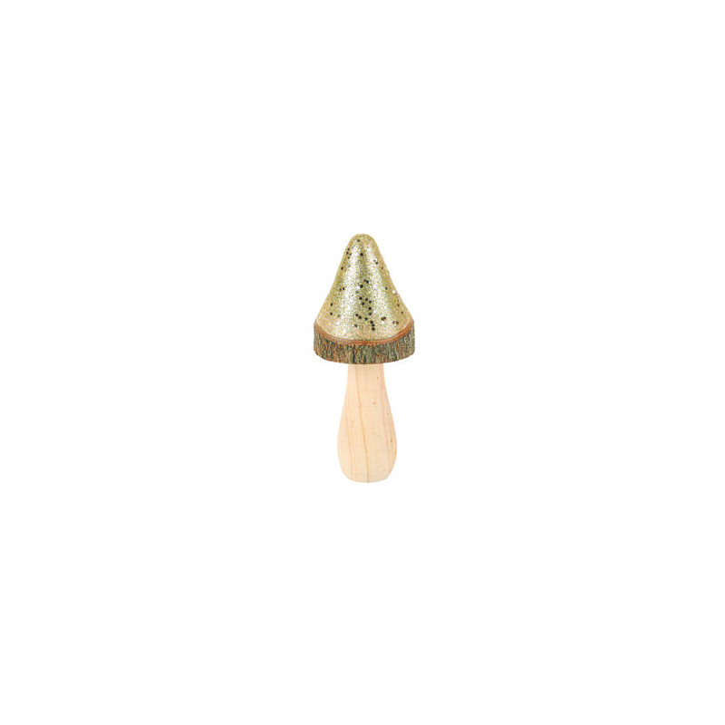 Champignon Pointu en bois écorce et paillettes Or 7,5 x 17cm