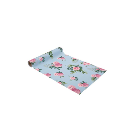 Chemin de table tissu fleuri bleu et rose 28cm x 5m