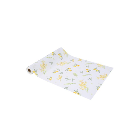 Chemin de table Mimosa tissu blanc citrons et feuillages 28cm x 5m