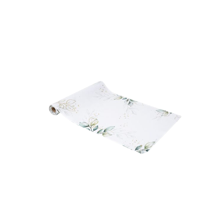 Chemin de table Botanique tissu blanc feuillages et Or 28cm x 5m