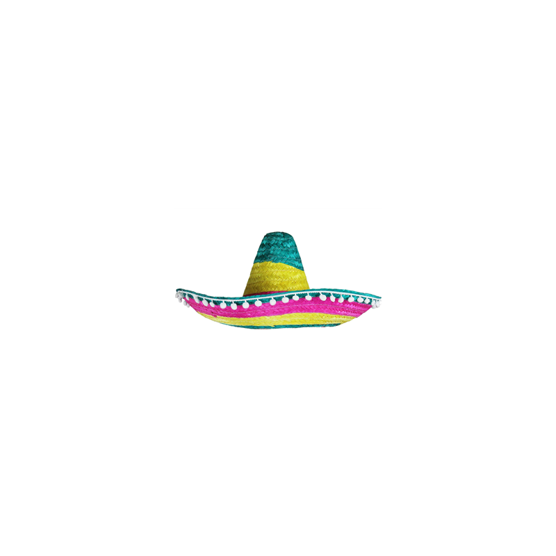 Sombrero avec pompoms - paille multicolore - Taille adulte - haut 20 cm diam 50