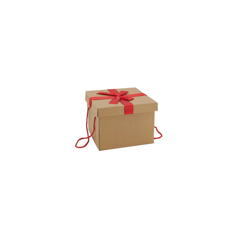 Boite cadeau pliante en kraft et nœud rouge 26 x 26 x 19 cm