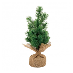 Sapin enneige dans son sac en toile de jute 8 x 30 cm