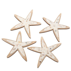 4 Déco étoiles de mer bois coquillages et sable irises 14,5cm