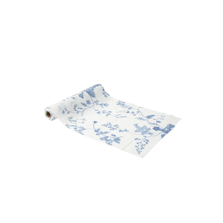 Chemin de table Toile de Jouy mousseline blanc et bleu 28cm x 3m