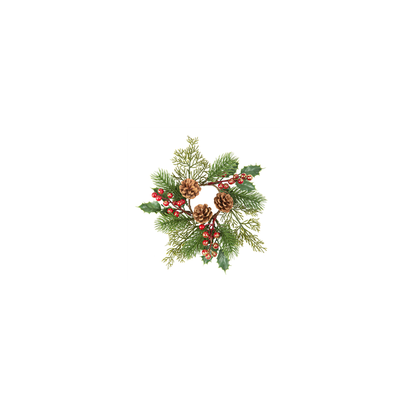 Couronne de Sapin, Houx, Pommes de Pin et Baies Rouge et Paillettes Or Ø25cm