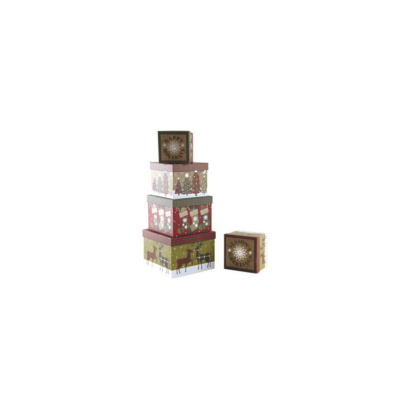 Lot de 5 Boites de Noël carrées en carton - De 13 x 13 x 11 à 23 x 23 x 16,5 cm