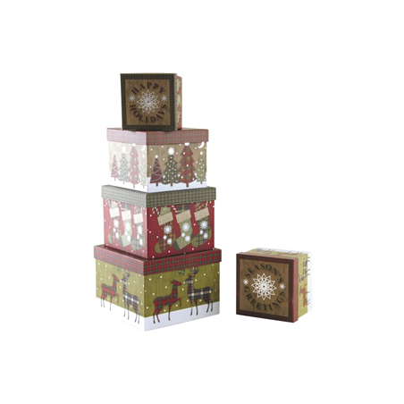 Lot de 5 Boites de Noël carrées en carton - De 13 x 13 x 11 à 23 x 23 x 16,5 cm