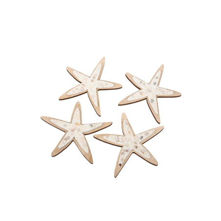 4 Déco étoiles de mer bois coquillages et sable irises 14,5cm