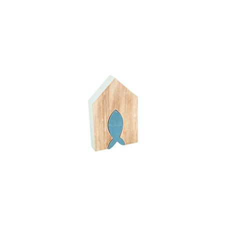 Maison en bois motif poisson bleu 15 x 9,5 x 2,5cm