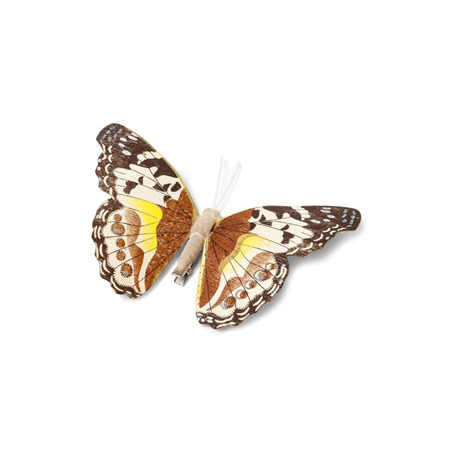 Papillon en bois chocolat et jaune sur pince - 18cm