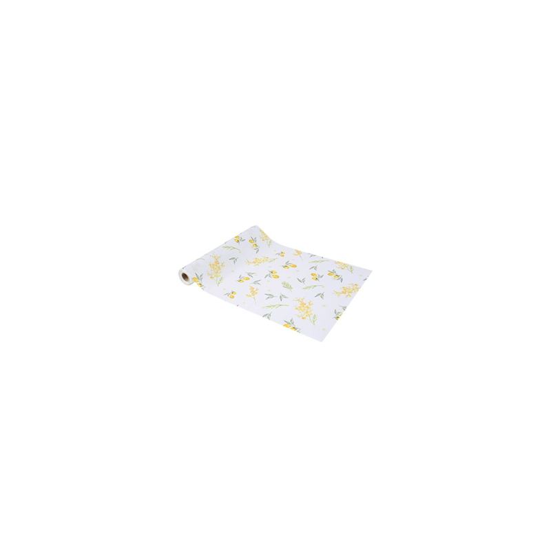 Chemin de table Mimosa tissu blanc citrons et feuillages 28cm x 5m